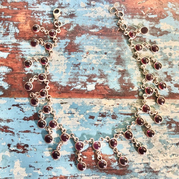 VINTAGE ANKLET Sterling Silver with 38 Garnet Cabochon Gemstones 10" EUC - Picture 2 of 5
